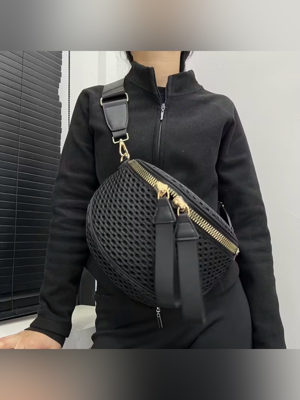 Black Textured Crossbody Sling Bag with Gold Hardware